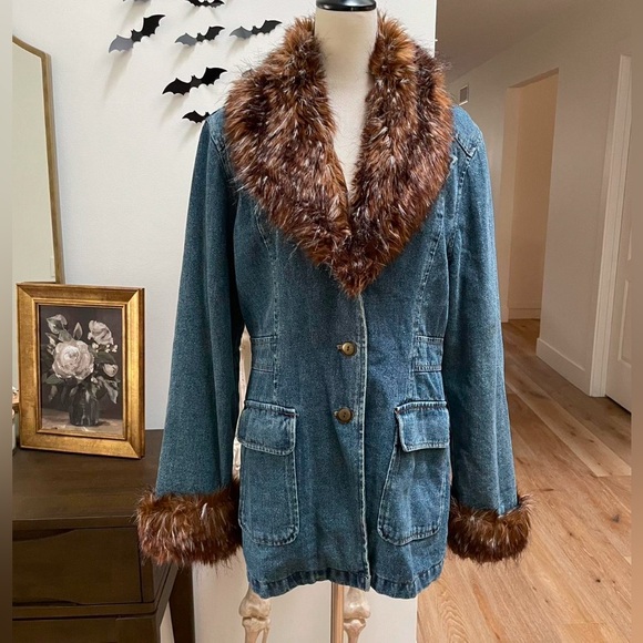 Penny Lane Vtg GIACCA Y2K Denim Jean Faux Fur Coat Jacket L Hippie Baby Girl - Picture 1 of 9